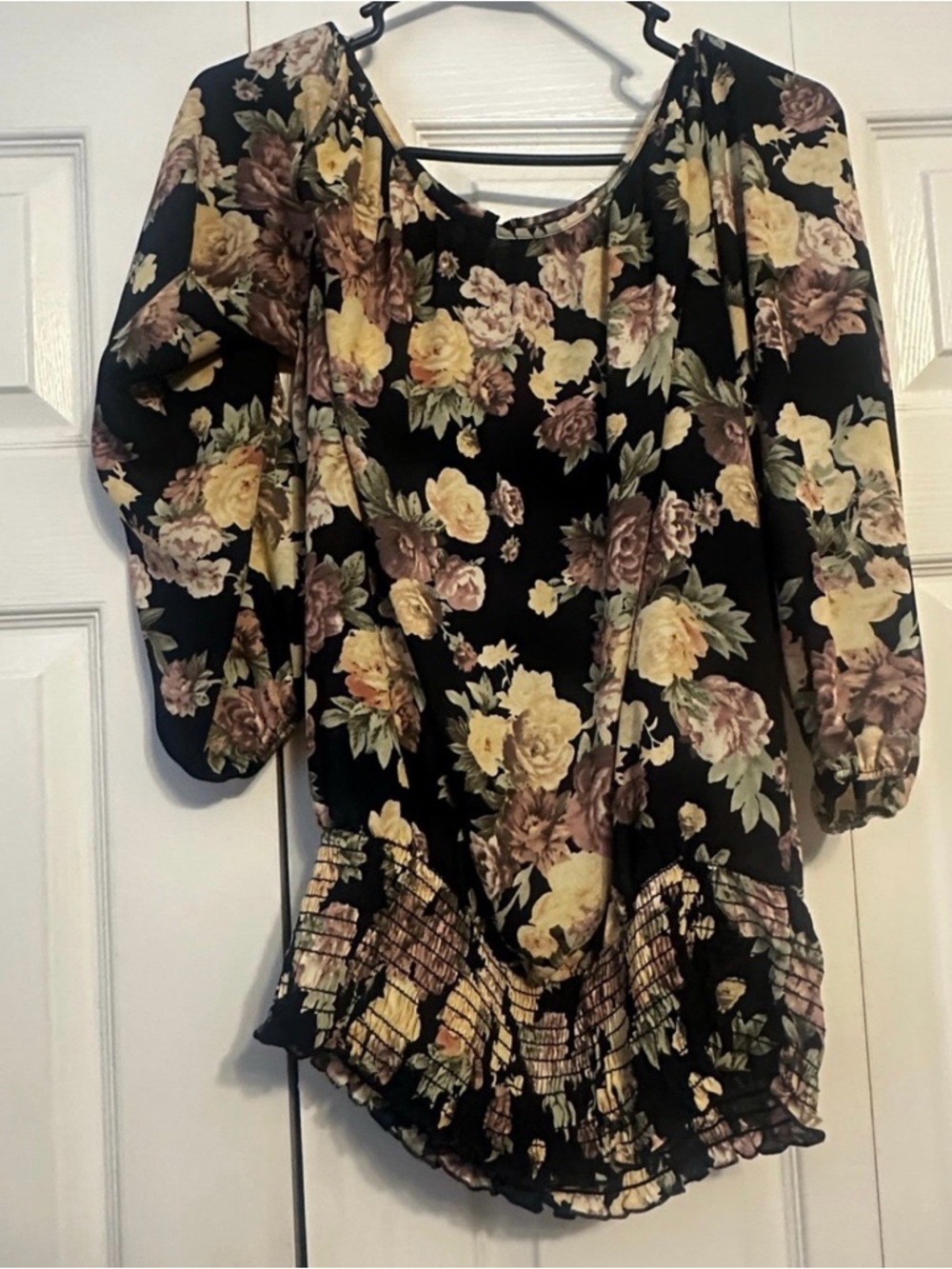 torrid Black Floral Smocked-Hem Blouse with Yellow & Brown Roses